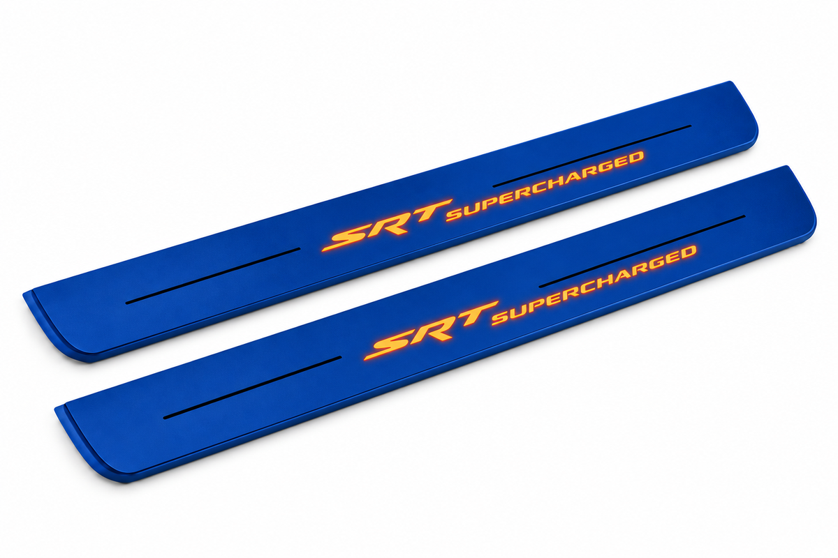 Jeep Grand Cherokee WK2 Matte PRO LED door sills — Blue body, Orange illuminated SRT Supercharged lettering, front pair.