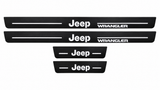 Catalogue illustration showing 4 black Matte PRO LED door sill plates with white Jeep Wrangler lettering for Jeep Wrangler JK; dimensions are selected during manufacture.
