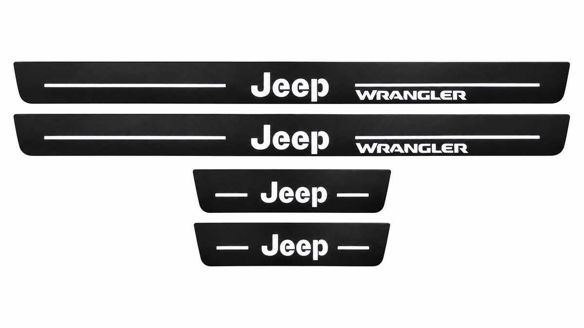 Catalogue illustration showing 4 black Matte PRO LED door sill plates with white Jeep Wrangler lettering for Jeep Wrangler JK; dimensions are selected during manufacture.