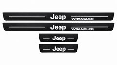 Catalogue illustration showing 4 black Matte PRO LED door sill plates with white Jeep Wrangler lettering for Jeep Wrangler JK; dimensions are selected during manufacture.