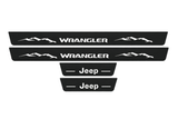 Catalogue illustration of two front and two rear flat black Matte PRO LED door sill plates with illuminated Jeep Wrangler Mountains design for Jeep Wrangler JK; dimensions are selected during manufacture.