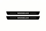 Catalogue illustration of two front black Matte PRO LED door sill plates with illuminated Wrangler lettering for Jeep Wrangler JK; dimensions are selected during manufacture.