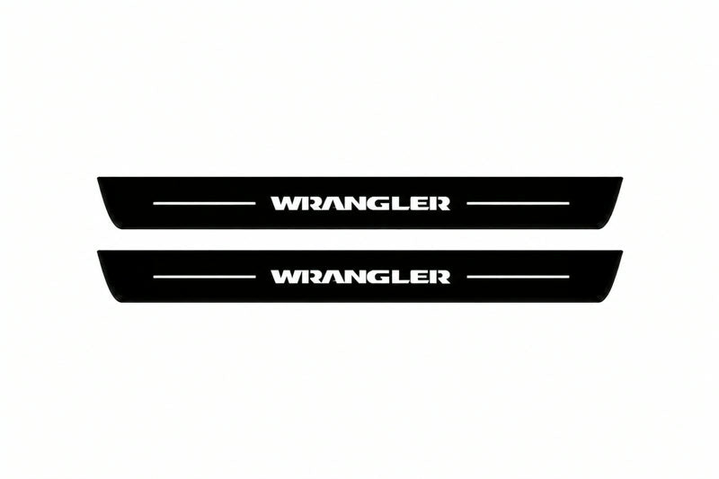 Catalogue illustration of two front black Matte PRO LED door sill plates with illuminated Wrangler lettering for Jeep Wrangler JK; dimensions are selected during manufacture.