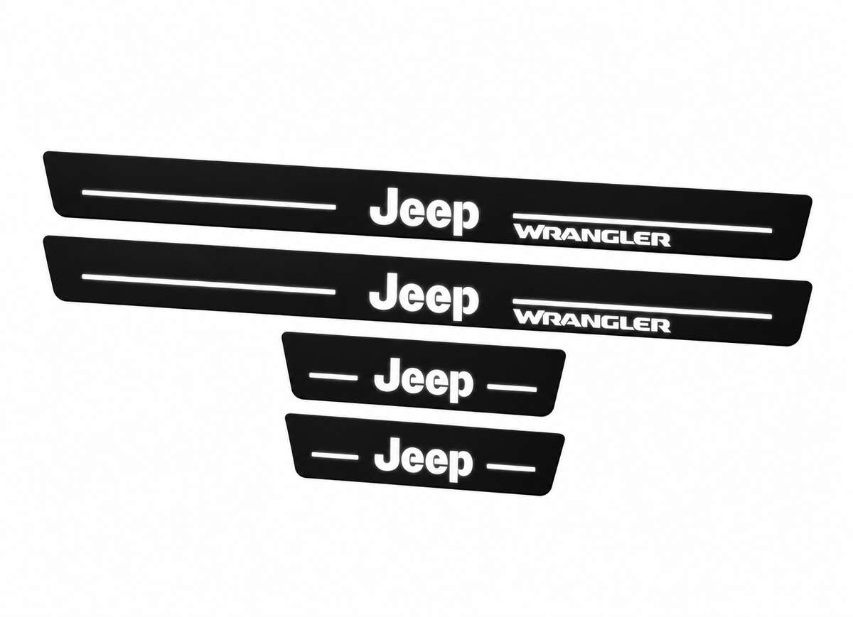 Catalogue illustration showing 4 black Matte PRO LED door sill plates with white Jeep Wrangler lettering for Jeep Wrangler JL; dimensions are selected during manufacture.