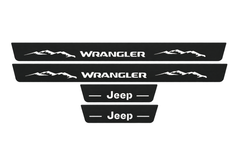 Catalogue illustration of two front and two rear flat black Matte PRO LED door sill plates with illuminated Jeep Wrangler Mountains design for Jeep Wrangler JL; dimensions are selected during manufacture.
