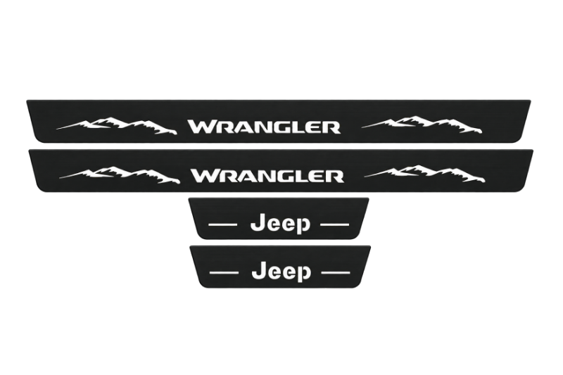 Catalogue illustration of two front and two rear flat black Matte PRO LED door sill plates with illuminated Jeep Wrangler Mountains design for Jeep Wrangler JL; dimensions are selected during manufacture.