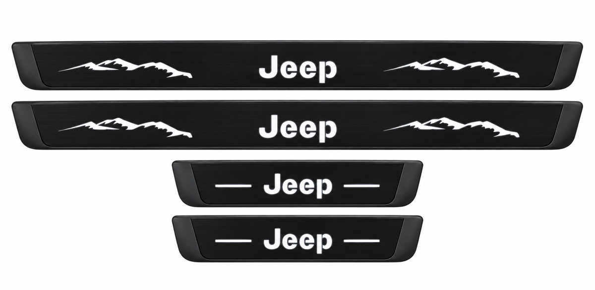 Catalogue illustration of two long black Matte PRO front sill plates with Jeep lettering and mountain graphics, plus two shorter rear plates with Jeep lettering and lines. White top lettering illuminated; side edges unlit. Vehicle-specific dimensions are not depicted. FRONT option includes front plates only.