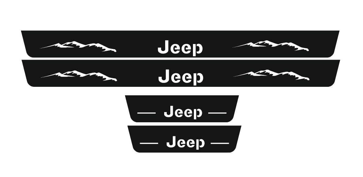 Illuminated LED Door Sill Tread Plates Jeep Grand Cherokee IV 2010-2021 With Jeep Logo Jeep Led Door Sills opdesign WHITE FRONT+REAR STAINLESS STEEL+RAPTOR PROTECTION