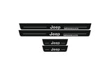 Jeep Wrangler JL 2018+ LED door sill plates in stainless steel with Jeep Wrangler logo