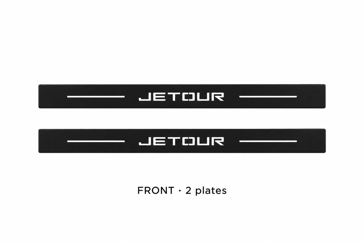 Matte PRO catalogue illustration: two flat black FRONT plates with illuminated JETOUR lettering and top lines on white; not exact vehicle dimensions