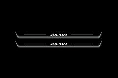 Two long door sill plates with Jolion lettering and edges illuminated in white, straight-on view on a dark background.