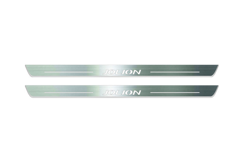 Two long silver-finished door sill plates with Jolion lettering on a light background, straight-on view.