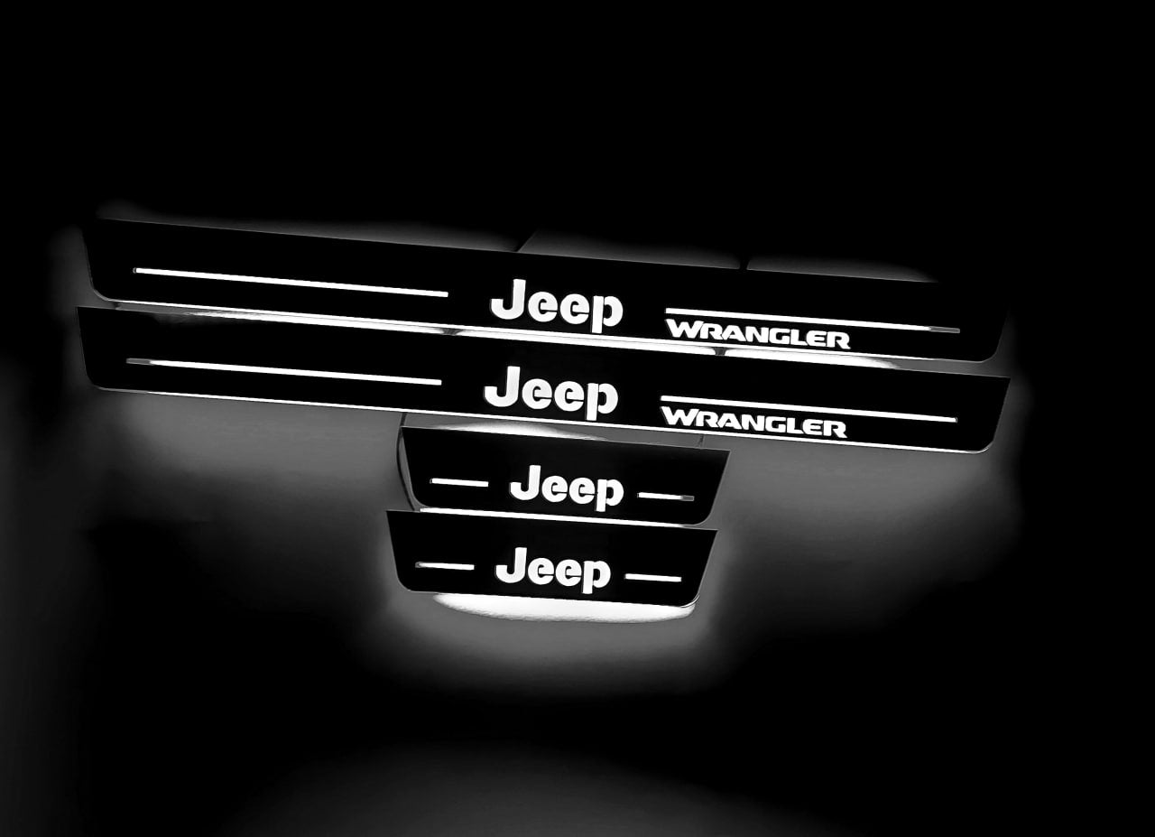 Illuminated LED Door Sill Tread Plates Jeep Wrangler JL 2018+ With Jeep Wrangler Logo Jeep Led Door Sills opdesign