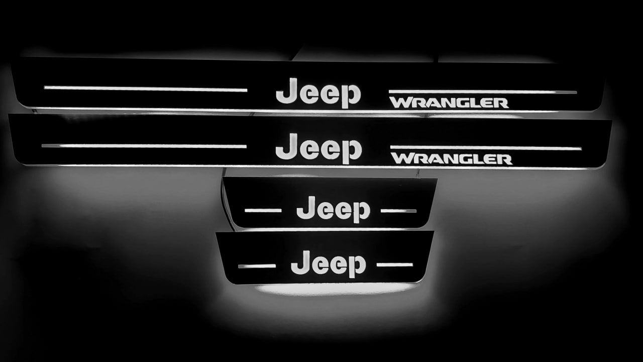 Illuminated LED Door Sill Tread Plates Jeep Wrangler JL 2018+ With Jeep Wrangler Logo Jeep Led Door Sills opdesign