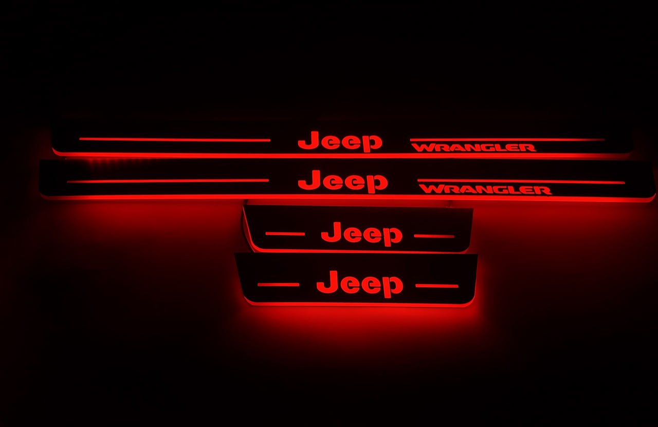 Illuminated LED Door Sill Tread Plates Jeep Wrangler JL 2018+ With Jeep Wrangler Logo Jeep Led Door Sills opdesign