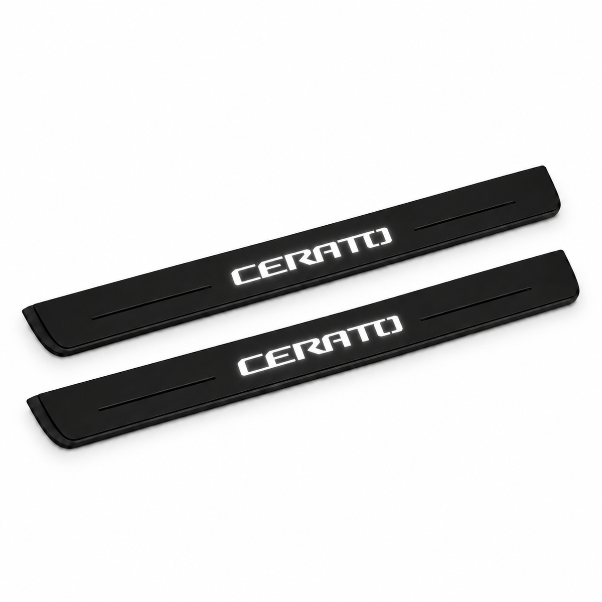 Catalogue illustration of two black Matte PRO front door sill plates with stylised illuminated CERATO lettering on the top surface. Edges are unlit; rear plates for FRONT+REAR are not pictured. Final dimensions are selected for Kia Cerato Sedan YD during manufacture.