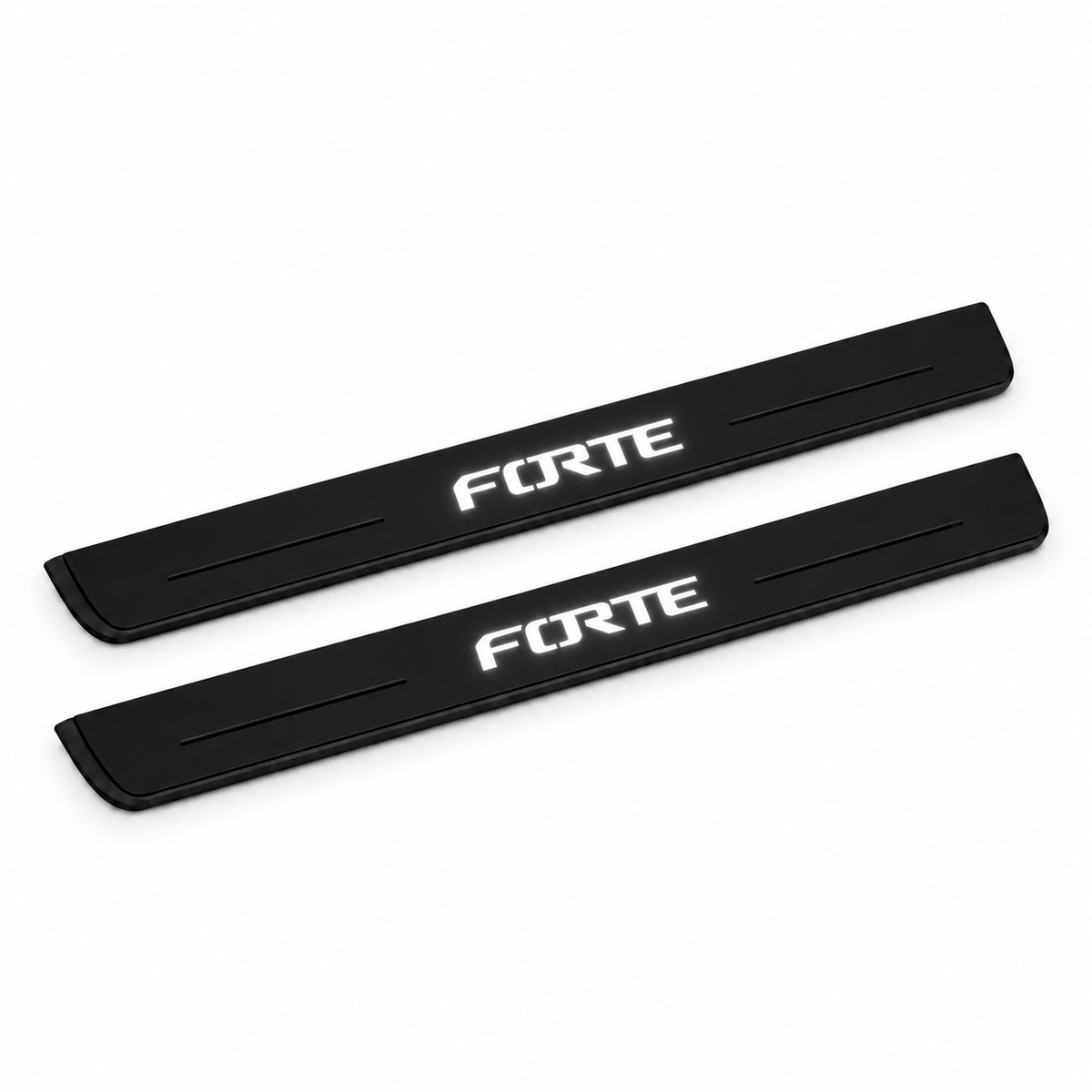 Catalogue illustration of two black Matte PRO front door sill plates with stylised illuminated FORTE lettering on the top surface. Edges are unlit; rear plates for FRONT+REAR are not pictured. Final dimensions are selected for Kia Forte Sedan YD during manufacture.