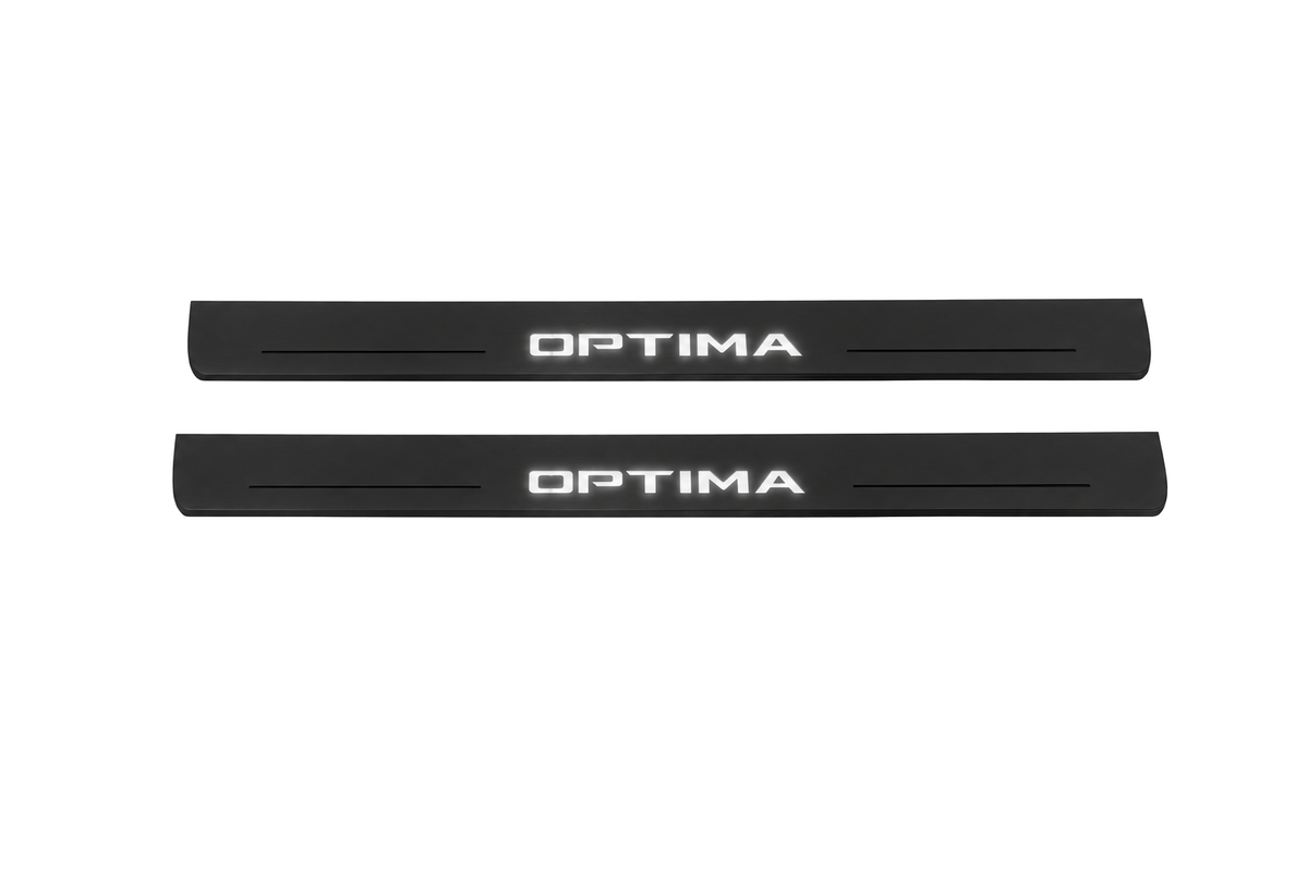 Catalogue illustration of two black Matte PRO front door sill plates with illuminated OPTIMA lettering and short lines on the top surface. Rear plates are not pictured; final dimensions are selected for the vehicle.