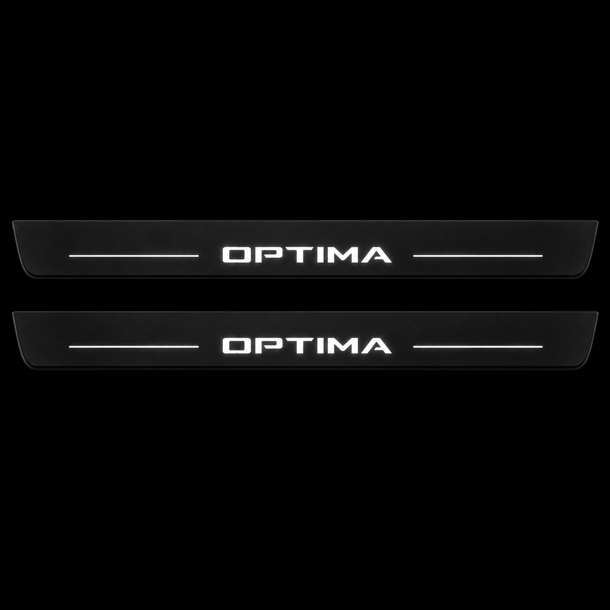 Catalogue illustration of two black Matte PRO front door sill plates with illuminated OPTIMA lettering and short lines on the top surface. Rear plates are not pictured; final dimensions are selected for the vehicle.