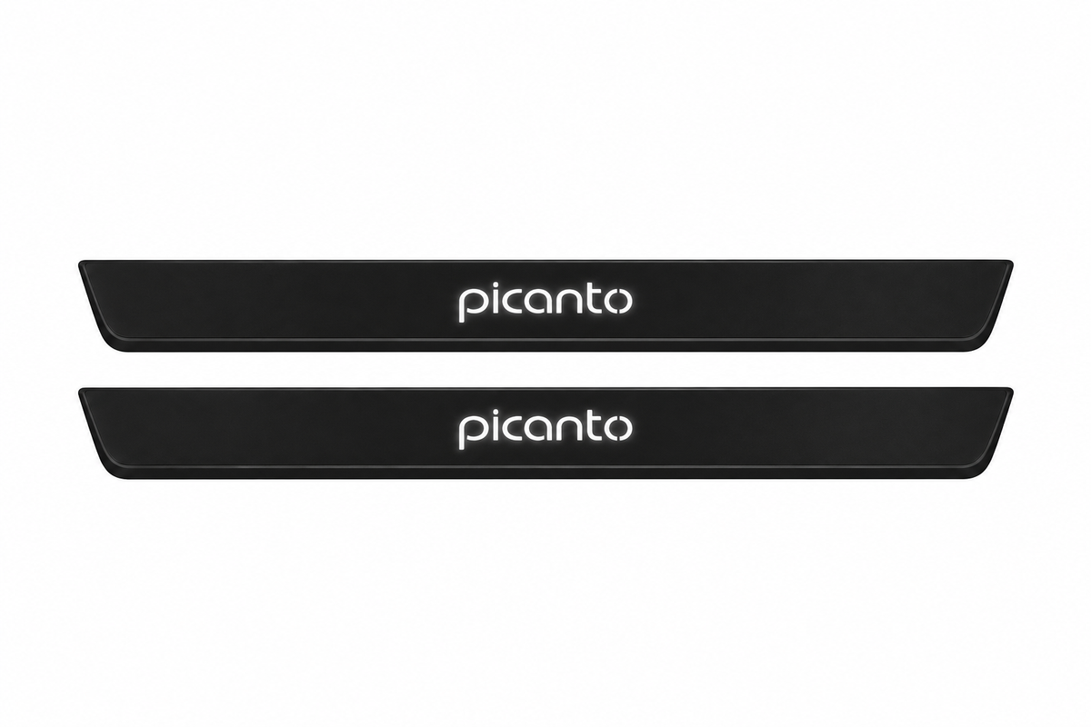 Catalogue illustration of two black Matte PRO front door sill plates with illuminated lowercase picanto lettering on top. Edges remain unlit. Rear plates for a FRONT+REAR set are not shown; final dimensions are chosen for the Kia Picanto JA during manufacture.