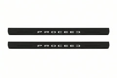 Catalogue illustration of two front black Matte PRO LED door sill plates with illuminated Proceed lettering for Kia ProCeed III; dimensions are selected during manufacture.