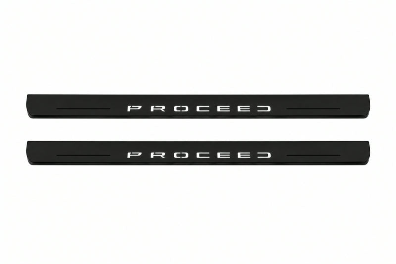 Catalogue illustration of two front black Matte PRO LED door sill plates with illuminated Proceed lettering for Kia ProCeed III; dimensions are selected during manufacture.