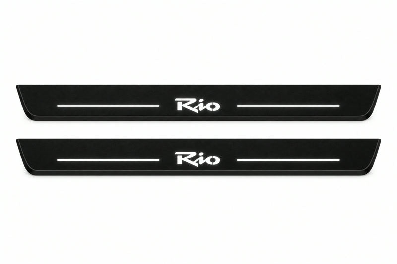 Catalogue illustration of two front black Matte PRO LED door sill plates with illuminated Rio lettering for Kia Rio II; dimensions are selected during manufacture.