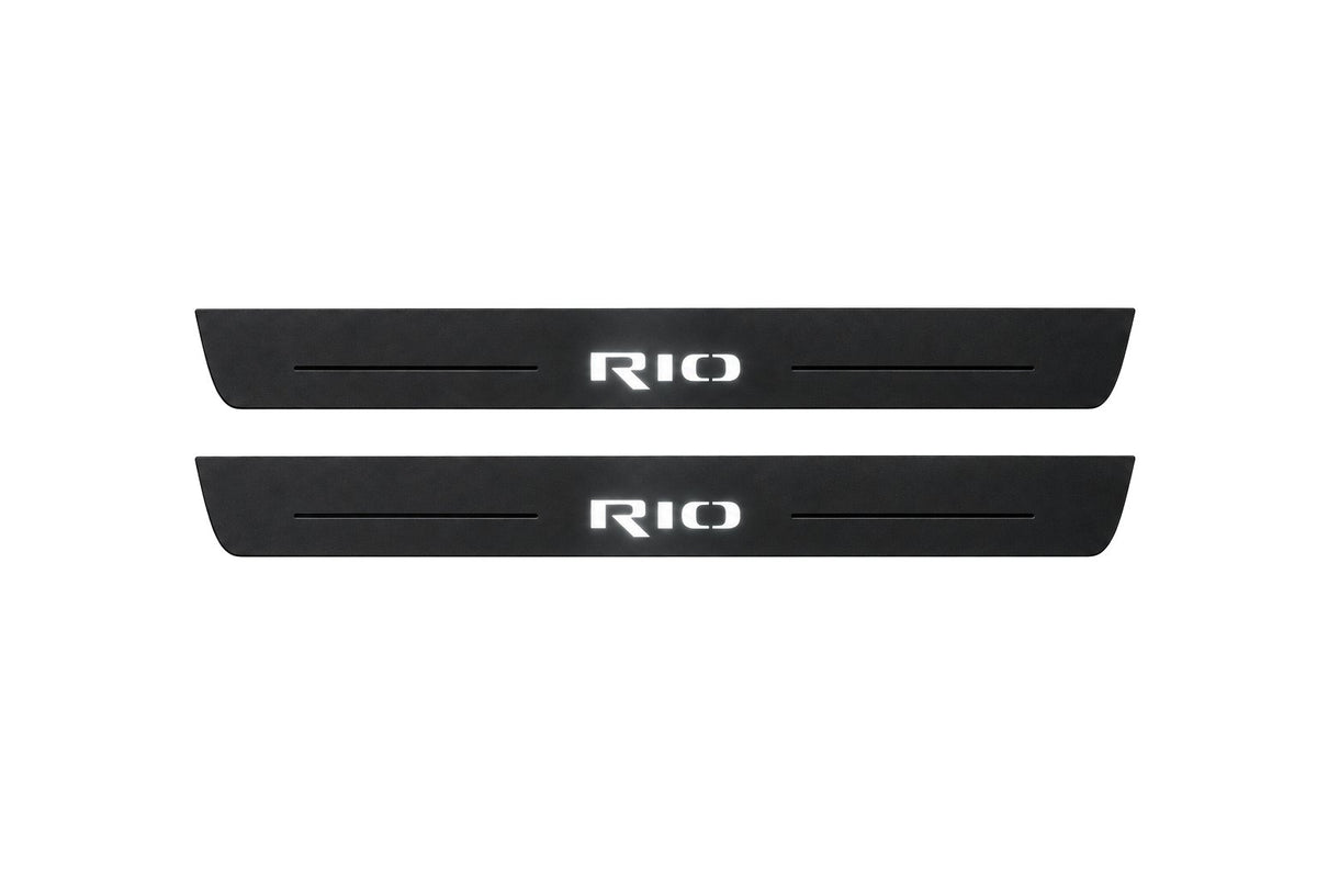 Catalogue illustration of two front black Matte PRO LED door sill plates with illuminated Rio lettering for Kia Rio IV; dimensions are selected during manufacture.