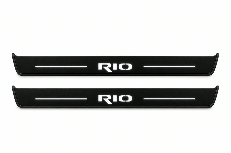 Catalogue illustration of two front black Matte PRO LED door sill plates with illuminated Rio lettering for Kia Rio IV; dimensions are selected during manufacture.
