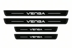 Catalog illustration of two front and two rear black Matte PRO LED door sill plates with illuminated Venga lettering for Kia Venga.