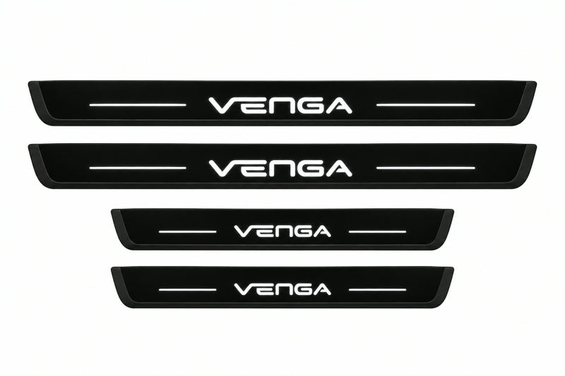 Catalog illustration of two front and two rear black Matte PRO LED door sill plates with illuminated Venga lettering for Kia Venga.