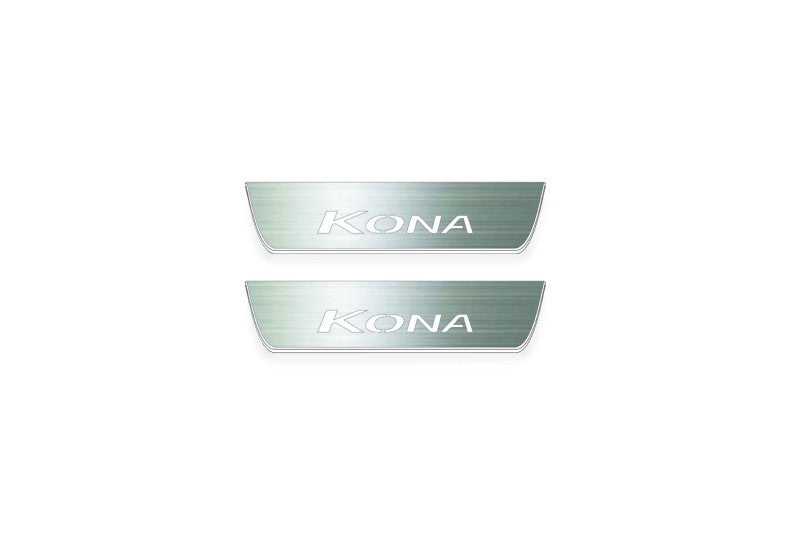 Hyundai Kona I 2017+ stainless steel LED door sill plates with Kona logo