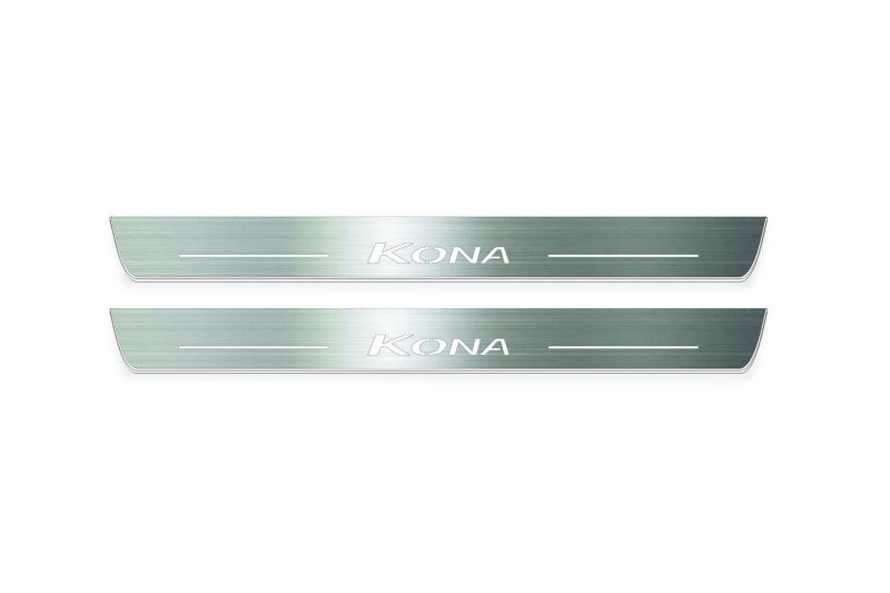 stainless steel LED door sill plates for Hyundai Kona I 2017+ with Kona logo