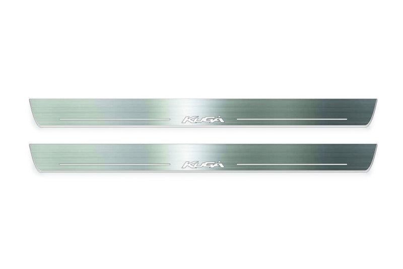 Ford Kuga I 2008+ illuminated entry guards in stainless steel with Kuga logo