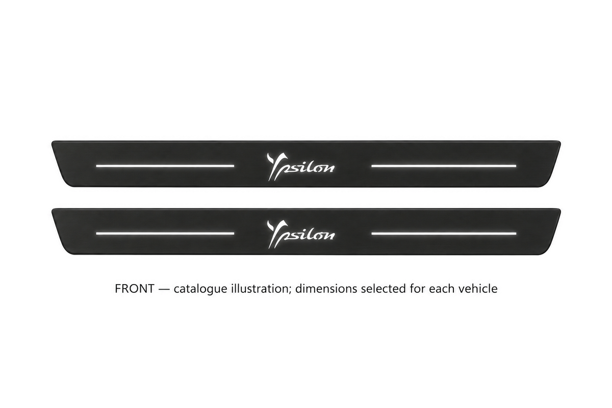 Lancia Ypsilon 846 Matte PRO catalogue illustration: two flat black FRONT plates with illuminated stylized Ypsilon lettering and top lines on white background; dimensions selected for the vehicle.
