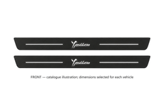 Lancia Ypsilon 846 Matte PRO catalogue illustration: two flat black FRONT plates with illuminated stylized Ypsilon lettering and top lines on white background; dimensions selected for the vehicle.