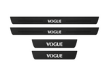 Catalog illustration of two front and two rear black Matte PRO door sill plates with serif VOGUE lettering and flanking lines illuminated on top; opaque unlit side edges. Final dimensions selected for Range Rover L322.