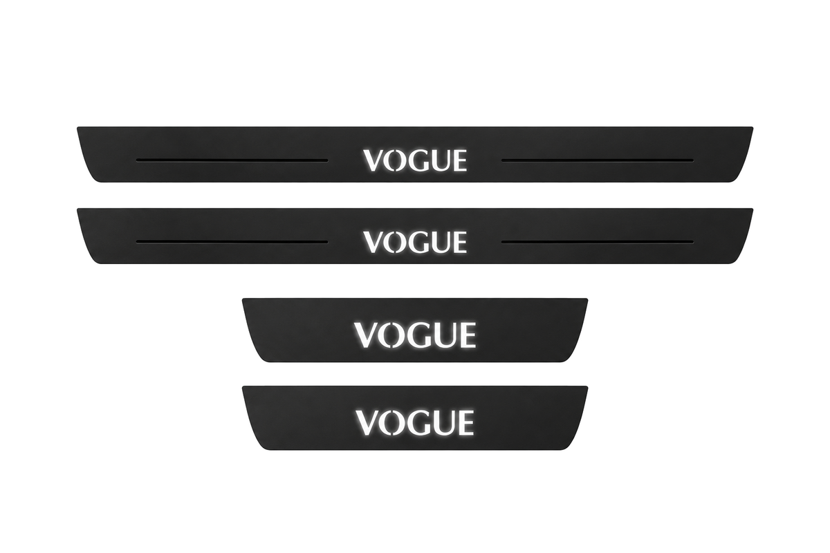 Catalog illustration of two front and two rear black Matte PRO door sill plates with serif VOGUE lettering and flanking lines illuminated on top; opaque unlit side edges. Final dimensions selected for Range Rover L322.