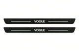 Catalogue illustration of two front black Matte PRO LED door sill plates with illuminated VOGUE lettering for Land Rover Range Rover L405; dimensions are selected during manufacture.