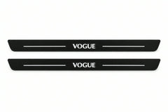 Catalogue illustration of two front black Matte PRO LED door sill plates with illuminated VOGUE lettering for Land Rover Range Rover L405; dimensions are selected during manufacture.