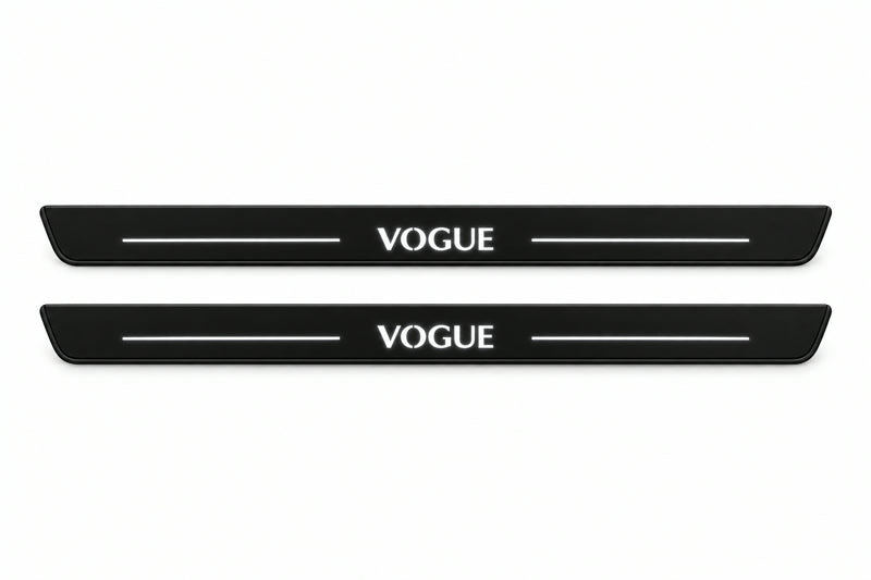 Catalogue illustration of two front black Matte PRO LED door sill plates with illuminated VOGUE lettering for Land Rover Range Rover L405; dimensions are selected during manufacture.