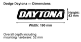 Dodge Daytona LED Grille Badge: 190 × 43 mm; overall depth including mounting hardware: 52 mm