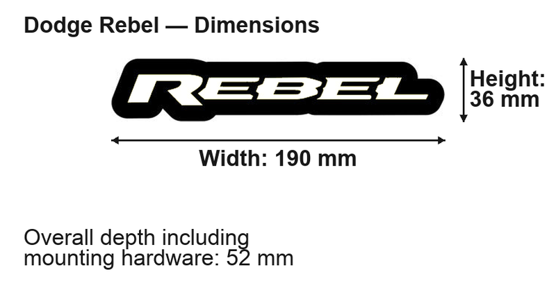Dodge Rebel LED Grille Badge: 190 × 36 mm; overall depth including mounting hardware: 52 mm