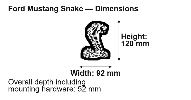 Ford Mustang Snake LED Grille Badge: 92 × 120 mm; overall depth including mounting hardware: 52 mm