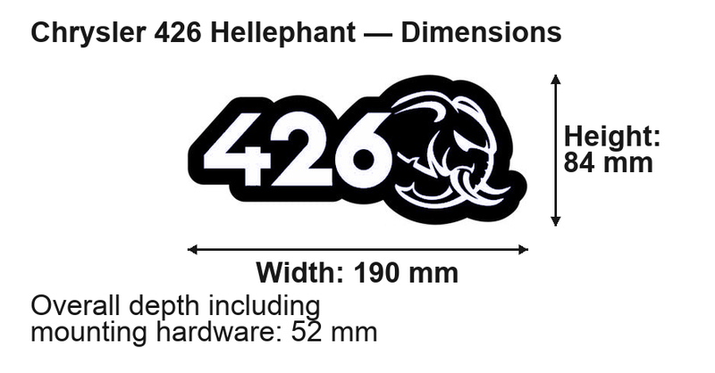 Chrysler 426 Hellephant LED Grille Badge: 190 × 84 mm; overall depth including mounting hardware: 52 mm