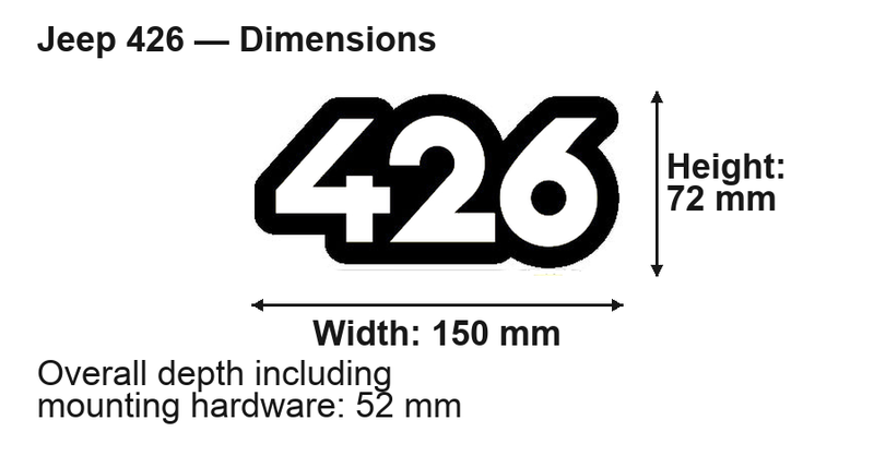 Jeep 426 LED Grille Badge: 150 × 72 mm; overall depth including mounting hardware: 52 mm