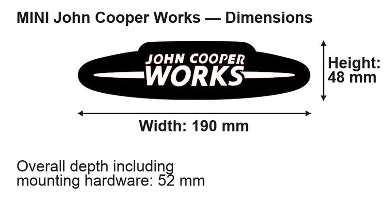 Mini John Cooper Works dimensions: 190 × 48 mm; overall depth including mounting hardware 52 mm