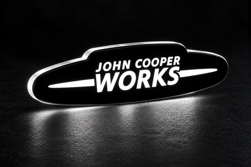 Mini John Cooper Works LED grille badge with lighting at night