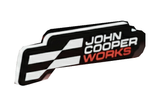 Mini John Cooper Works Type 2 LED grille badge with chequered flag, on white background