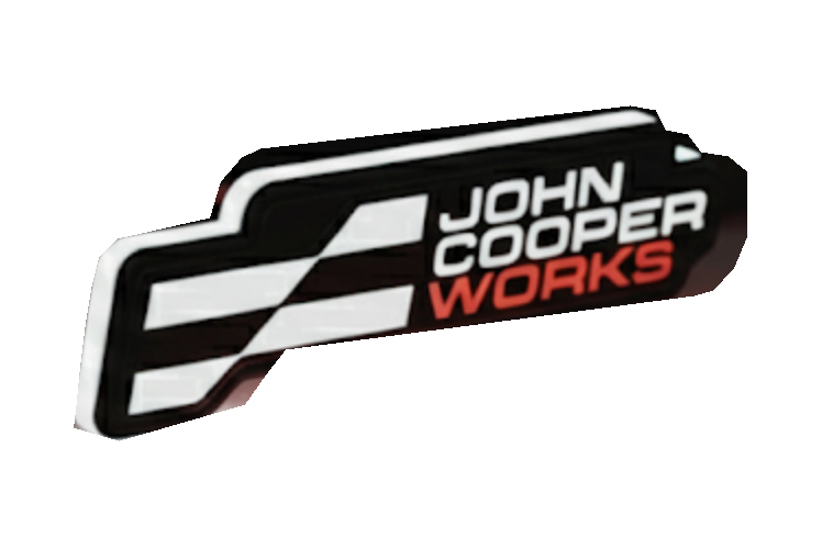 Mini John Cooper Works Type 2 LED grille badge with chequered flag, on white background